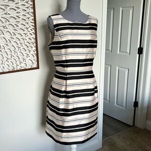 White House Black Market Black and Cream Striped Midi Sheath Dress